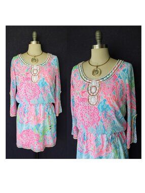 Lilly Pulitzer vintage Delisa tunic caftan Beaded Dress Lets Cha cha Coral linen